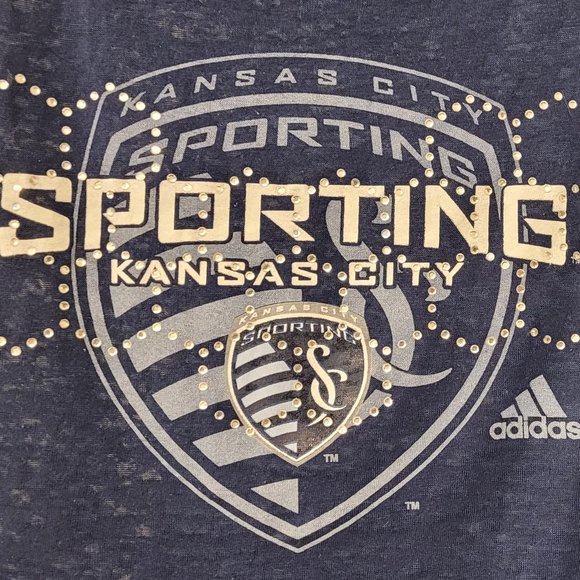WMNS ADIDAS SPORTING KC MLS SOCCER KANSAS CITY BURNOUT SCOOP NECK T SHIRT BLING - Picture 2 of 3